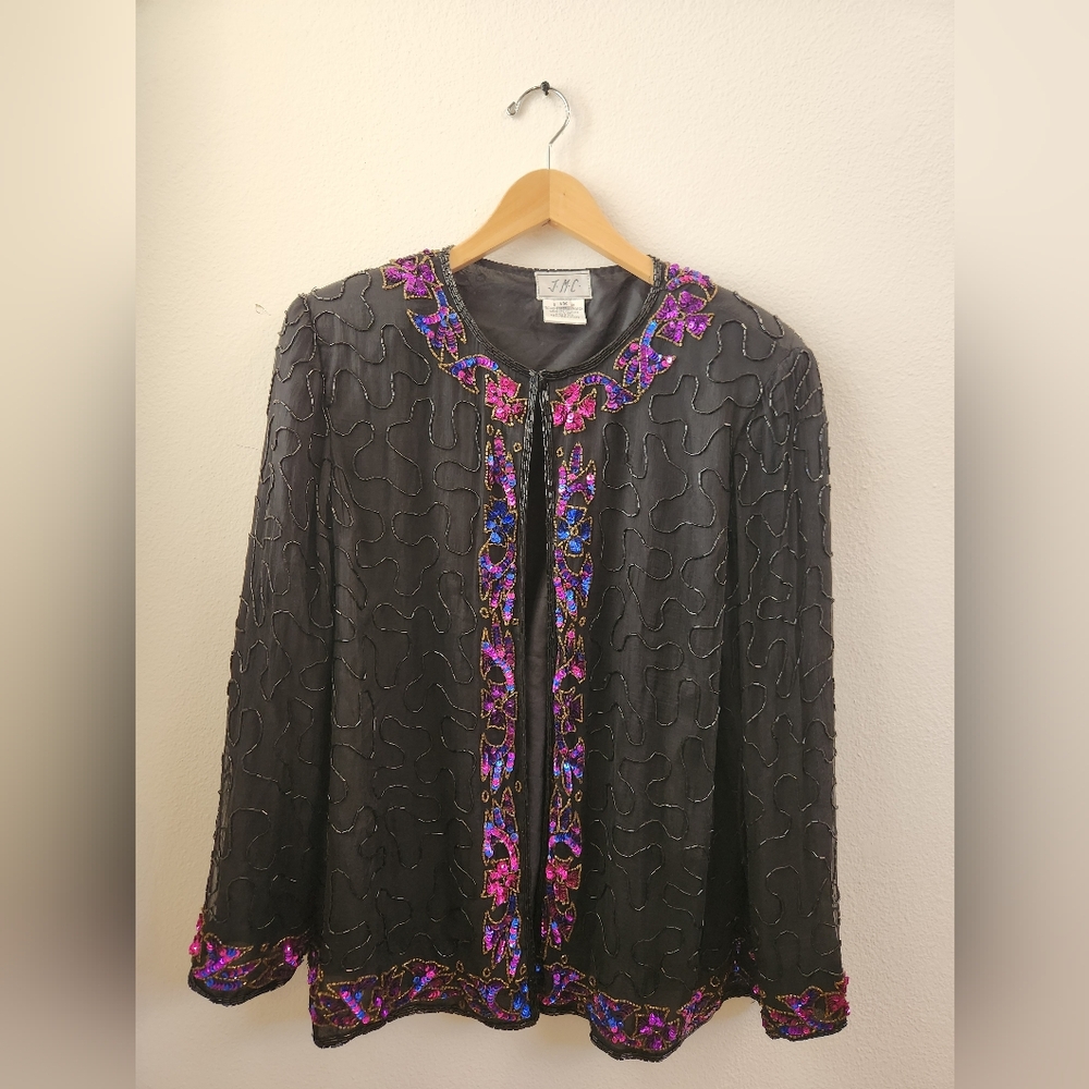 Vintage J.M.C.‎ Silk Jacket Open Front Beaded Sequins Long Sleeve Black Size 1X